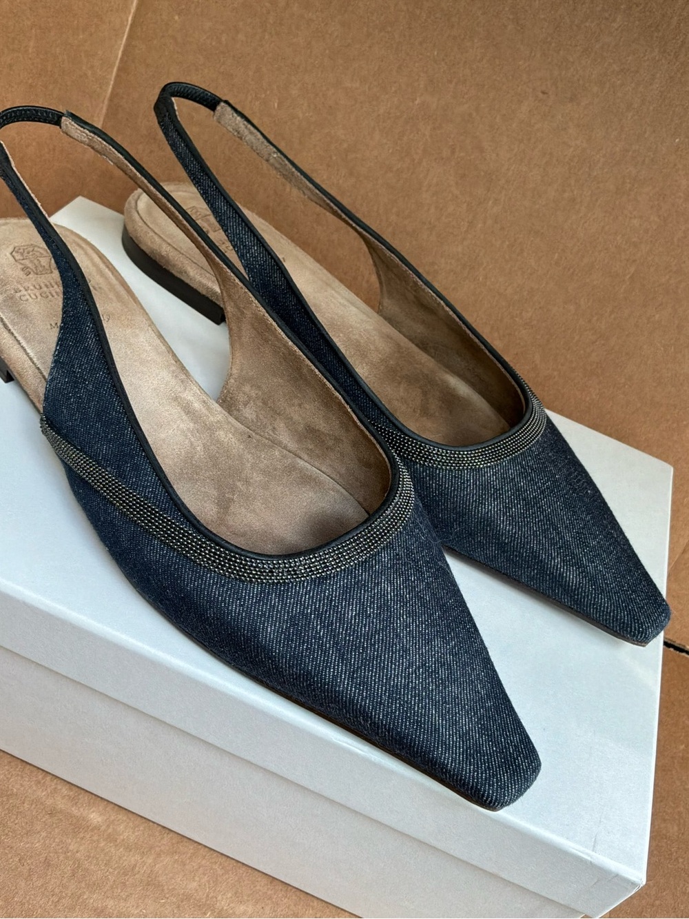 Brunello Cucinelli Denim Monili Slingback Flats IT 39.5